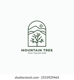 Mountain tree abstract line art logo design concept vector illustration