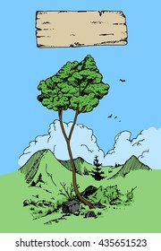 Mountain and tree. Beautiful landscape. Blank empty space. Colorful hand drawn vector stock illustration