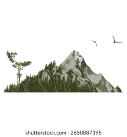 Montaña. Árbol de pájaro y diseño anual en tonos verdes.