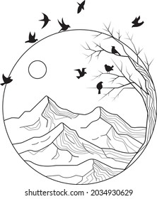Mountain, tree and birds monoline art design. 