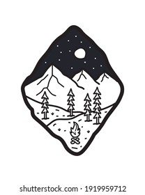 mountain and tree camping nature adventure in the night wild line badge patch pin graphic illustration vector art t-shirt design