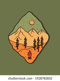 mountain and tree camping nature adventure in the night wild line badge patch pin graphic illustration vector art t-shirt design