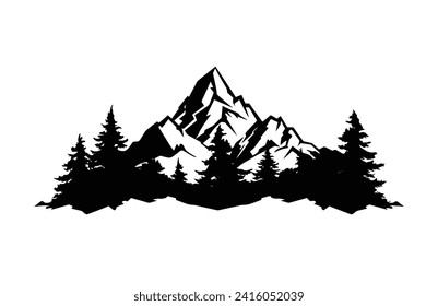 Mountain and tree clipart in Black