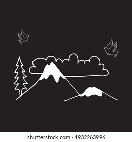 mountain with tree, cloud and dove. nature view icon isolated on black background. winter, snow on the mountain. white outline, hand drawn vector. doodle for wallpaper, cover, poster, banner, advert.