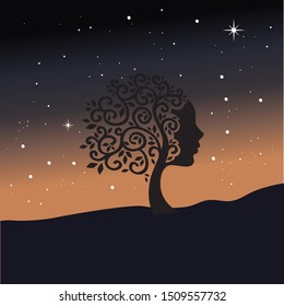 mountain tree with female face and starry night, vector