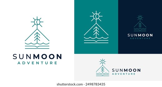 Mountain Tree Forest Crescent Moon Sun Light Adventure Diseño de Logo Branding Plantilla