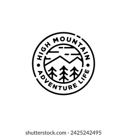 Mountain tree forest nature landscape for Vintage Adventure Outdoor Traveling Label Stamp logo design	
