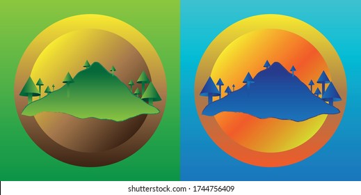 Montaña y paisaje arbóreo en círculo. Diseño del logo de la granja o de los carpinteros.
