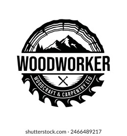 mountain tree lumberjack vector logo. white background