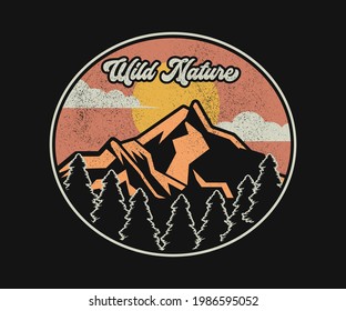 Mountain Tree National Park illustration on black background for tees 