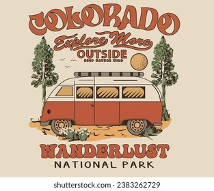 Mountain with tree retro vintage print design. Retro bus. Colorado national park. Explore the great outdoors, vector mountain with sunset and river, mountain graphic artwork for t shirt and others. 