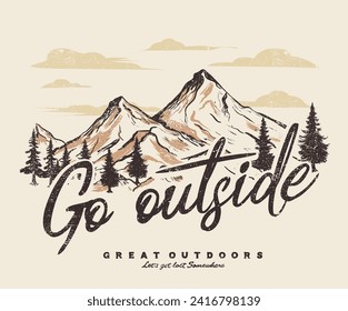 Mountain with tree retro vintage print design. the great outdoors. Adventure at the mountain graphic artwork for t shirt and others. 