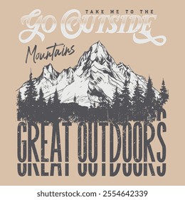 Mountain with tree retro vintage print design, the great outdoors, Adventure at the mountain graphic artwork for t shirt design for apparel, sticker, batch, background, Mountain camping artwork