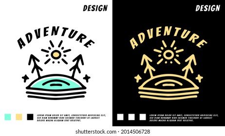 mountain, tree, and sun design in hipster style. illustration for t shirt, poster, logo, sticker, or apparel merchandise.