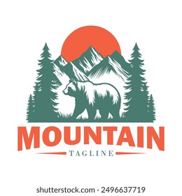 Mountain tree, sunset with bear logo design