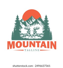 Mountain tree, sunset with deer logo design
