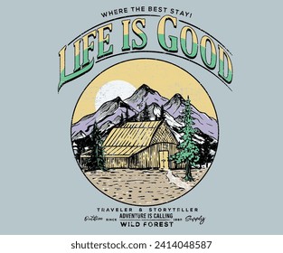 Montaña con diseño de impresión de árbol vintage. buena vida. La vida es buena. Bosque silvestre. Una montaña escondida en el hogar. Aventura en el gráfico de montaña para camisetas y otros.  Playa con obras de arte en la colina. 