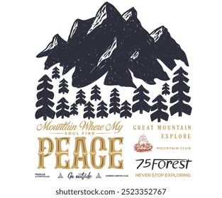 Mountain with tree vintage print design. Abstract modern art painting. Colorado national park. Mountain summer camp club. Adventure at the mountain graphic artwork for t shirt and others.
