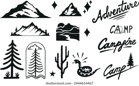 Mountain trees camping snake vector hand drawn board