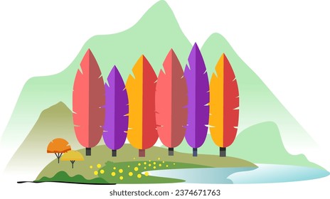 Mountain and trees. Cluster of trees. Modern Vector illustration. Isolated design element. Poster, print template.