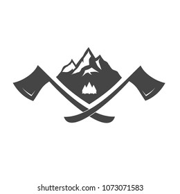 Mountain, Trees And Crossed Axes Illustrates Survival And Adventure Spirit. Mountain Logo Vector Template For Business, Marketing Material, T Shirt Design, Etc