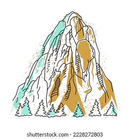 Montaña y árboles. Montaña gráfica abstracta dibujada con una línea de contorno negro sobre un fondo de manchas azules y marrones. Ilustración vectorial sobre el tema de las montañas y el turismo de montaña.