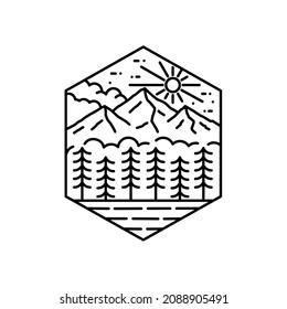 mountain, trees and lake on the day wild line badge patch pin graphic illustration vector art t-shirt design