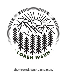 mountain with trees and sun with line art style logo