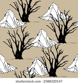 Montanha e árvores vetor ilustração sem emenda, plano de fundo desenhado à mão