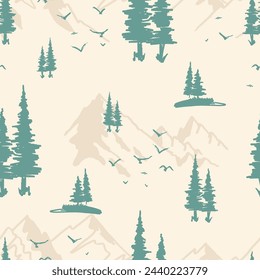 Mountain and Trees Vector Seamless Pattern