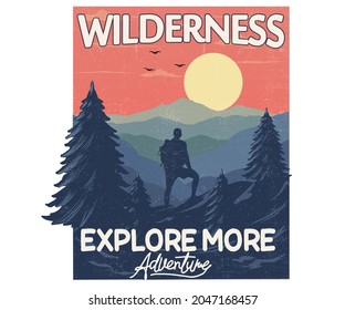 Mountain trek vector graphic print design. Outdoors digital paint artwork for apparel sticker, poster,
and others.  