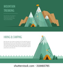 Mountain trekking, hiking, climbing and camping concept. Hiking trail concept, infographics.