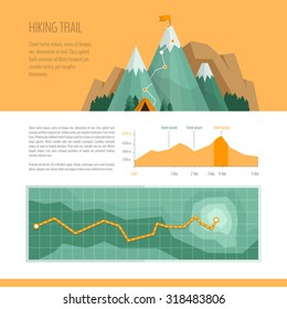 Mountain trekking, hiking, climbing and camping concept. Hiking trail concept, infographics.