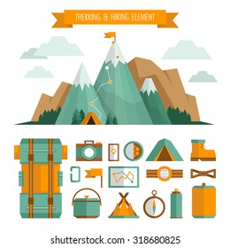 Mountain trekking, hiking, climbing and camping equipment. Object set. Hiking trail concept, flat style.