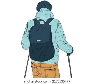 Mountain Trekking Illustration. Outdoor Adventure Vector Graphic For T Shirt, Poster And Other Uses. Silhouette Of A Climber. Isolated Hiker On White Background.