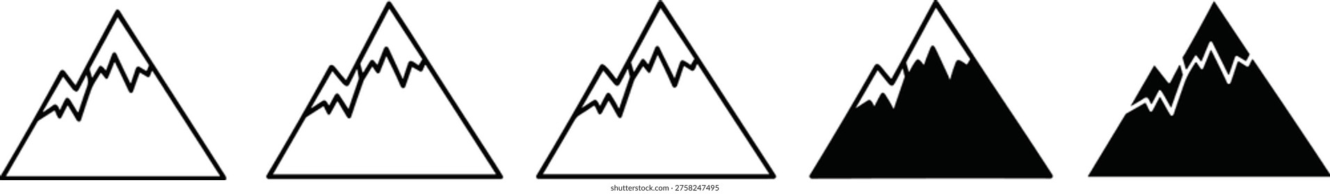 Mountain triangle icons, snowy peak silhouettes, outdoor adventure logo symbols, nature landscape line art, geometric wilderness climbing graphics, summit travel signs