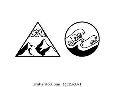 Mountain in a triangular frame and waves in a circular frame, black and white color. For spiritual guidance, tarot readers and tattoos.