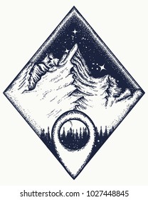 Mountain triangular style tattoo art. Symbol of climbing, camping, great outdoors, tourism, adventure, meditation 