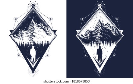 Mountain triangular style tattoo art. Symbol of climbing, camping, great outdoors, tourism, adventure, meditation t-shirt design. Black and white vector graphics 