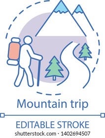Mountain trip concept icon. Travel experience idea thin line illustration. Hiking. Extreme tourism. Ski resort. Natural landscape. Wild plants observation. Vector isolated drawing. Editable stroke