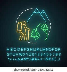 Mountain trip neon light concept icon. Travel style idea. Extreme tourism. Ski resort. Hiking, boating, skiing. Thrills of rafting. Glowing sign with alphabet and symbols. Vector isolated illustration