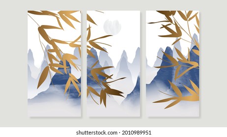 Mountain triptych wall art vector. Chinese or Japanese oriental Watercolor Floating Mountains background with gold line art. Design for home decor, Office art and wallpaper.