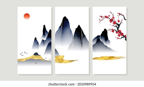 Mountain triptych wall art vector. Chinese or Japanese oriental Watercolor Floating Mountains background with gold line art. Design for home decor, Office art and wallpaper.