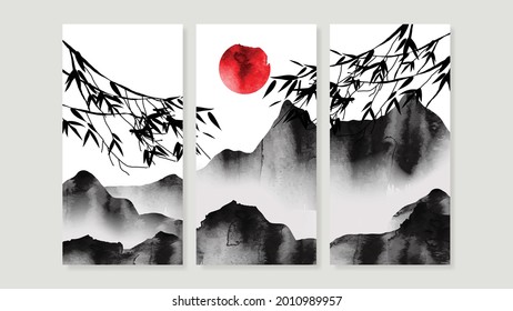 Vector de arte de pared triptch de montaña. Colores de agua orientales chinos o japoneses, fondo de las montañas flotantes con arte en línea dorada. Diseño para la decoración casera, arte de oficina y tapicería.