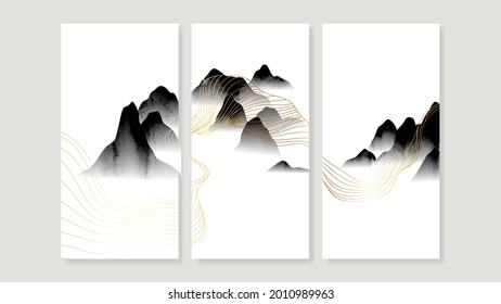 Mountain triptych wall art vector. Chinese or Japanese oriental Watercolor Floating Mountains background with gold line art. Design for home decor, Office art and wallpaper.