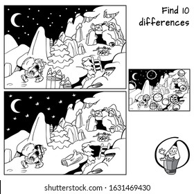 Mountain troll going home to the cave. Find 10 differences. Educational game for children. Black and white cartoon vector illustration