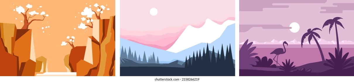 Mountain and tropical landscape, beach sunset and dusk, palm trees and flamingo bird. Range covered with snow, trees and nature of coast. Seaside resort and relaxation, wilderness. Vector in flat 