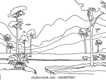 Mountain tropical landscape with dinosaurs coloring book for adult, kids. Summer tropical sunrise or sunset. Graphic outline vector illustration. Fields backdrop of mountains and a lake.Coloring page.