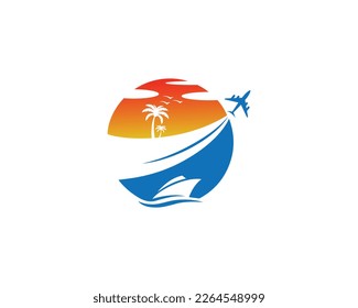Mountain And Tropical Sea Travel Logo Design With Sun And Boat Symbol Vector Template.