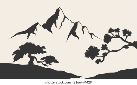 Ilustración vectorial de los árboles montañosos y tropicales. Contornos de las montañas grabando ilustración vectorial, dibujada a mano, boceto. Ilustración vectorial en blanco y negro de montaña